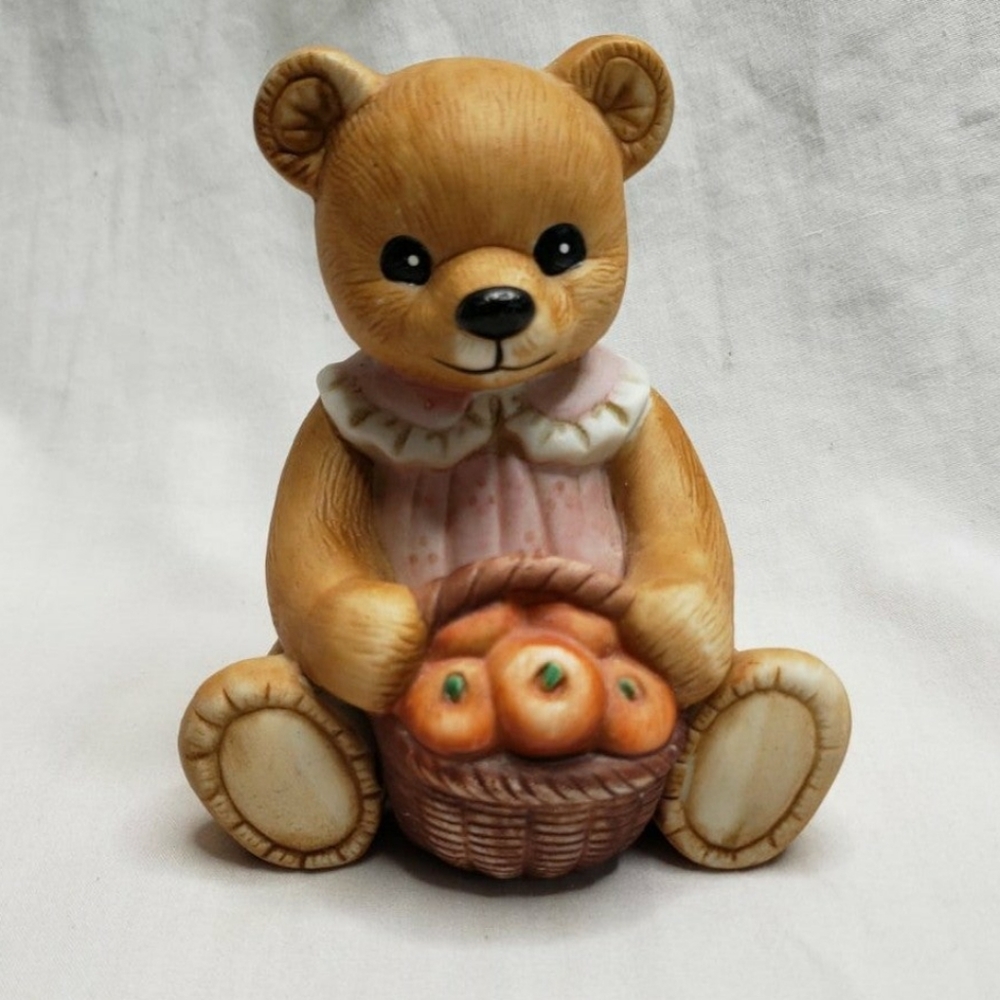 Homco Ceramic Girl Bear Figurine With Basket of Apples Fall Autumn